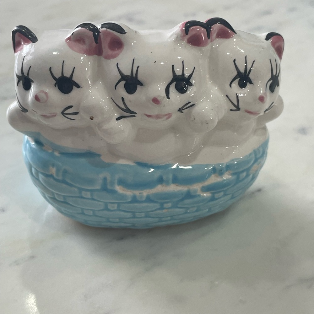 Vintage Kitschy Little Kittens Cats Blue Basket Ceramic Figurine Anthropomorphic